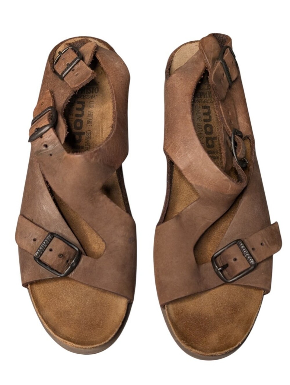 Mephisto Mobils Ergonomic Brown Oiled Leather Triple Strap Buckle Sandals EU 41